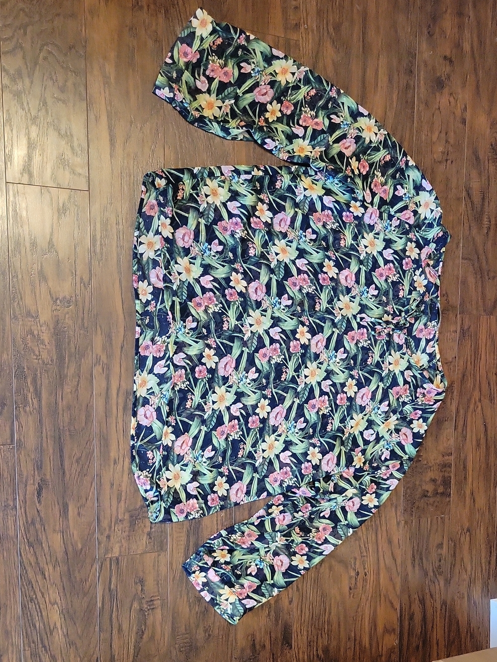 Grace Karin Navy Sheer Floral Tie-Front Blouse with Pink & Yellow Blooms